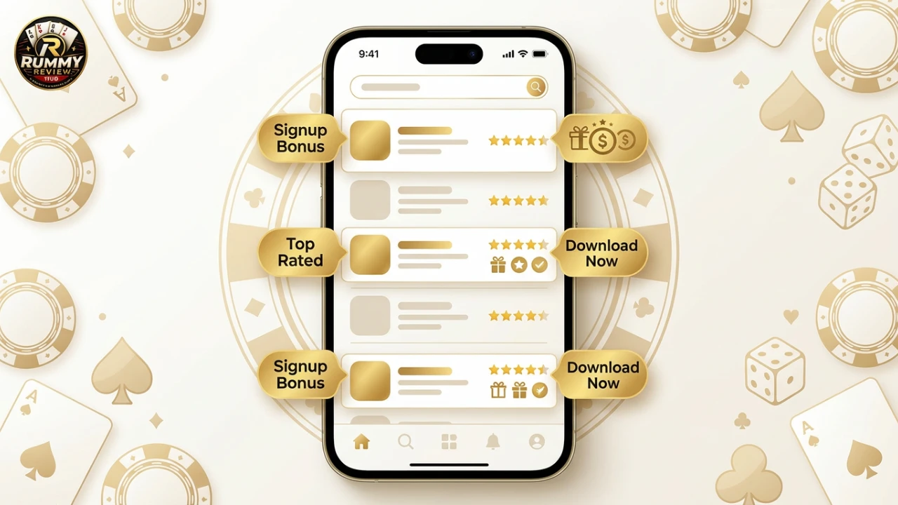 RummyReviewHub bonus comparison banner with Android app ratings, promo checks, and download review cues